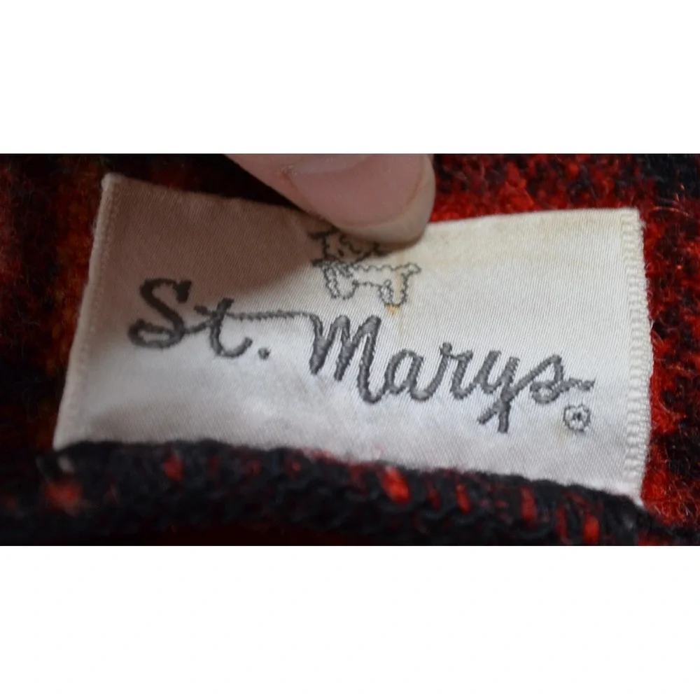 Vtg St Mary's Wool Blanket 82x64 Twin Sz‎ Red Black White Plaid Fieldcrest Mills